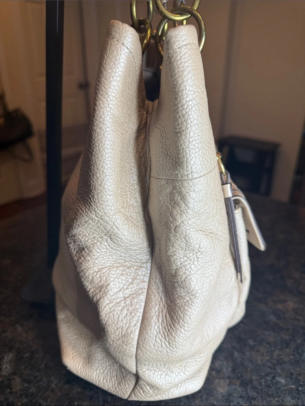 Coach Penelope Champagne Metallic Leather Shoulder Tote with Gold Hardware